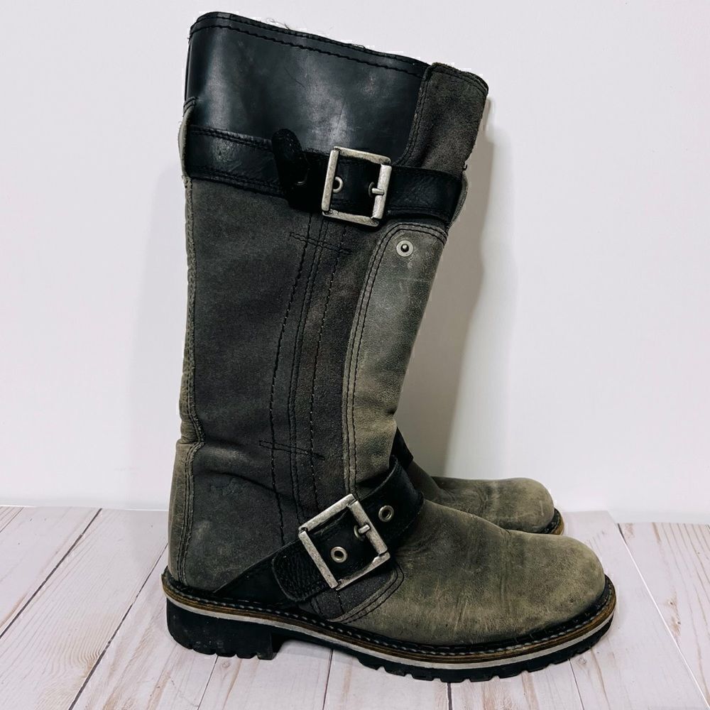 Bos & Co. Buford Black Gray Distressed Leather Zip Up Sheepskin Lined Boots